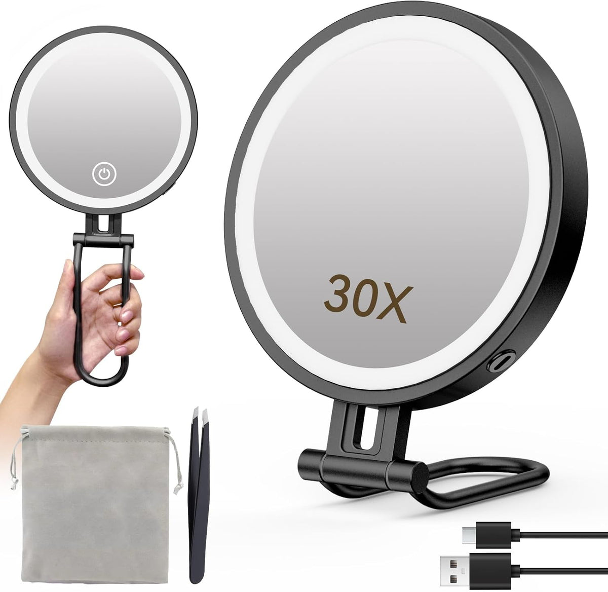 Travel Makeup Mirror with Lights,3000mAh Rechargeable 1X/30X Magnifying Mirror with Light, 7" Portable Lighted Beauty Mirror, Make Up Mirrors with 3 Light Colors, Dimmable Tabletop Handhold Hanging(B)