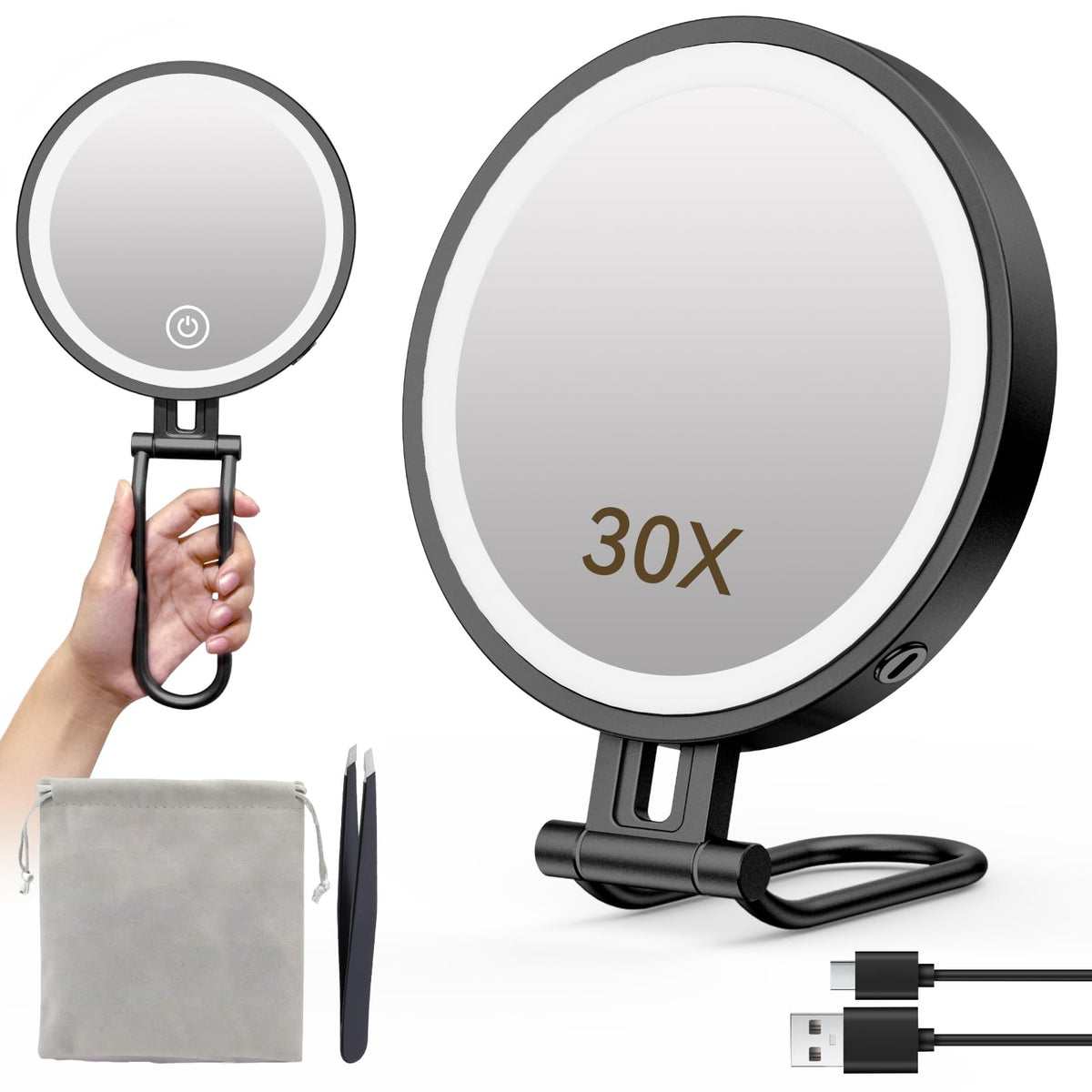 Travel Makeup Mirror with Lights,3000mAh Rechargeable 1X/30X Magnifying Mirror with Light, 7" Portable Lighted Beauty Mirror, Make Up Mirrors with 3 Light Colors, Dimmable Tabletop Handhold Hanging(B)
