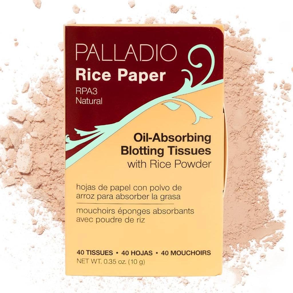 Palladio Rice Paper Facial Tissues for Oily Skin, Face Blotting Sheets Made from Natural Rice, Oil Absorbing Paper with Rice Powder, 2 Sided, Instant Results, Translucent, 40 Count, Pack of 1