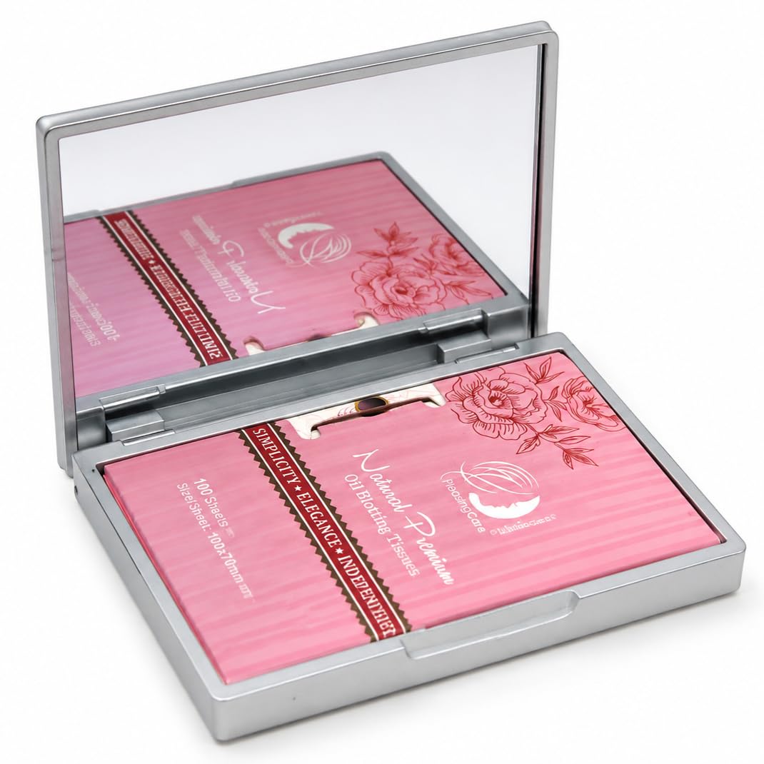 Makeup Mirror with Facial Oil Blotting Paper Sheets - Bamboo Charcoal 100 Counts, Silver Compact Folding Cosmetic Travel Mirror