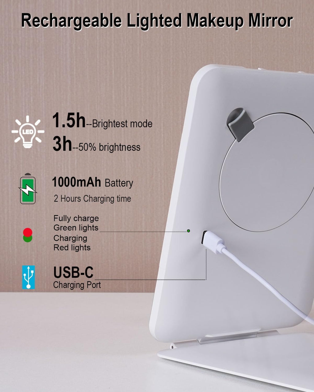 Rechargeable Travel Mirror with Light 7x5 Inch