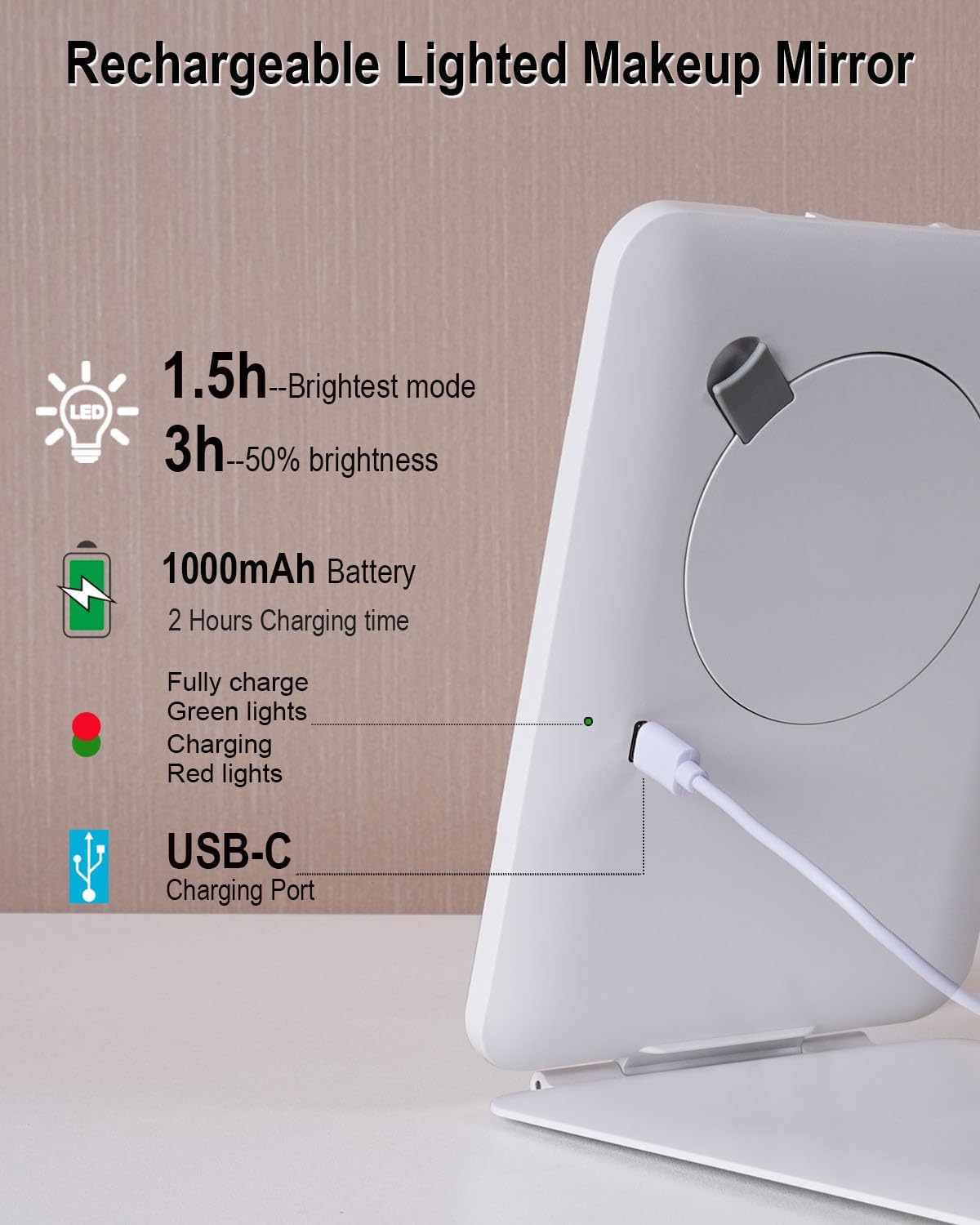 Rechargeable Travel Mirror with Light 7x5 Inch