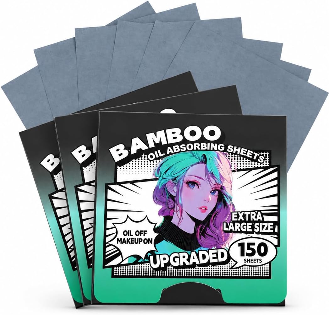 3pk/450 Sheets XL Oil Absorbing Sheets for Face, Oil Blotting Sheets Face Blotting Papers, Bamboo Charcoal