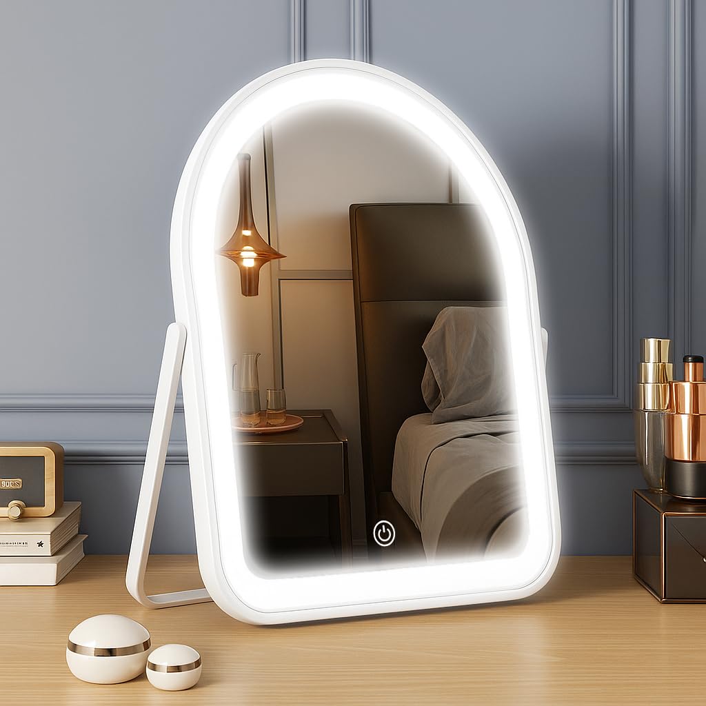 YEKKOPT Rechargeable Vanity Mirror with Lights,Desk Makeup Mirror with Lights,Portable Travel for Makeup Desk ＆ Dressing Room,3 Color Lighting, Dimmable Touch Screen