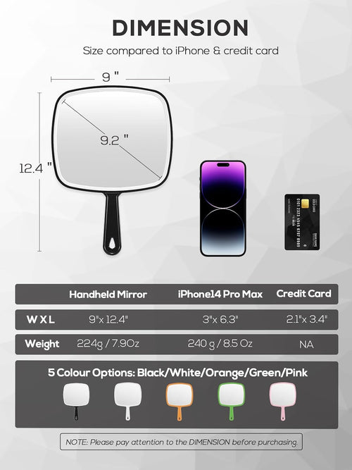 12.4" Lx 9" W Handheld Mirror, Wide View Shower Mirror, Black