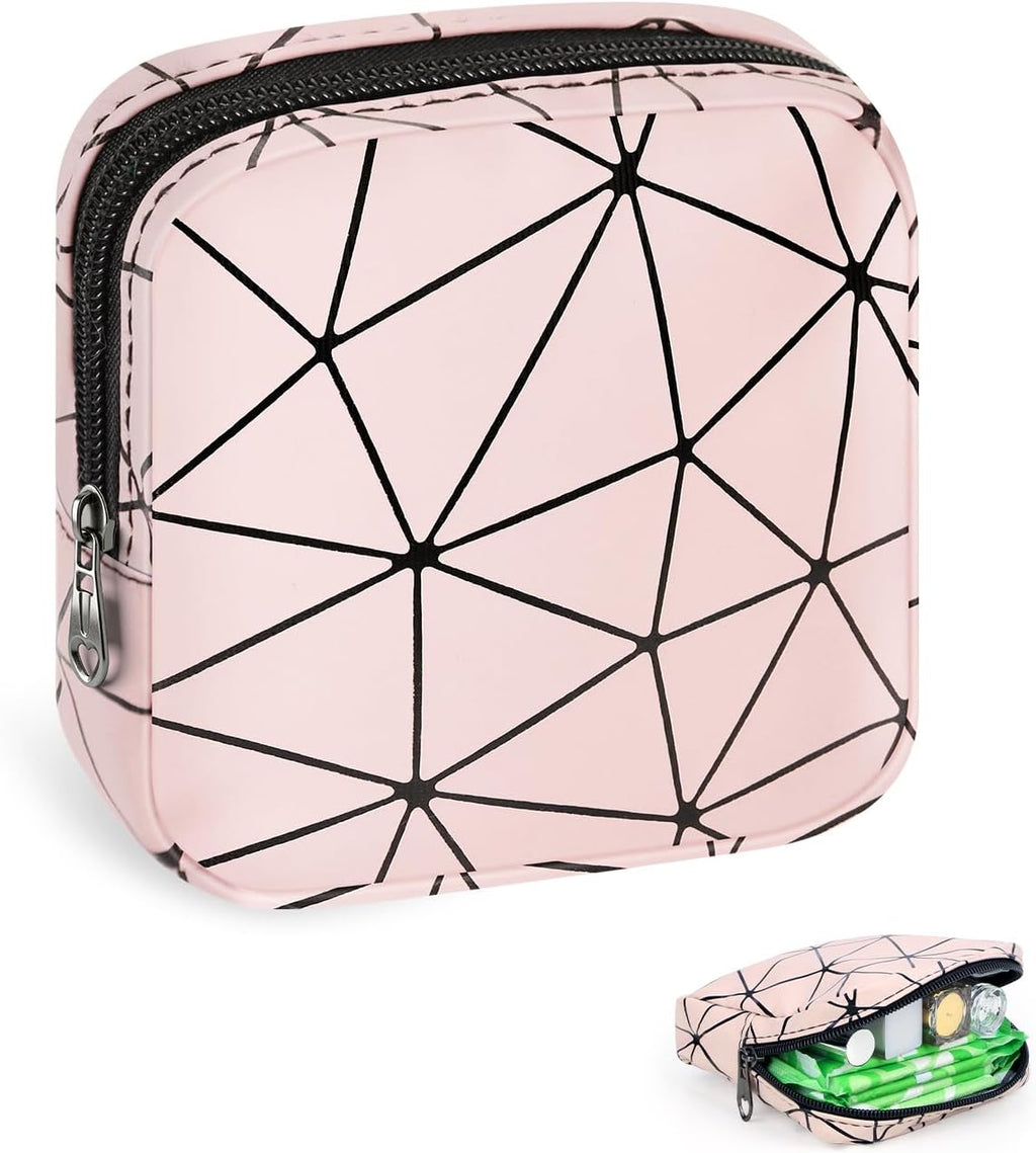 Discreet Period Bag Waterproof Geometric PU Sanitary Napkin Storage Bag Portable Menstrual Pad Pouch Cute Tampon Bag for Purse Small Makeup Bag S-Pink