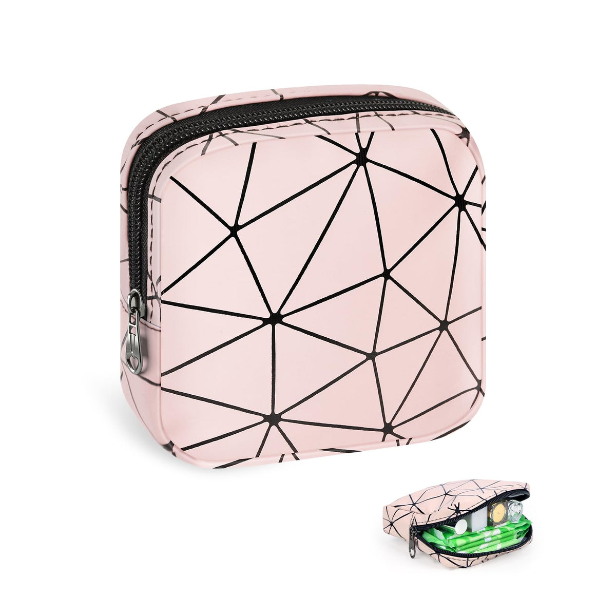 Discreet Period Bag Waterproof Geometric PU Sanitary Napkin Storage Bag Portable Menstrual Pad Pouch Cute Tampon Bag for Purse Small Makeup Bag S-Pink