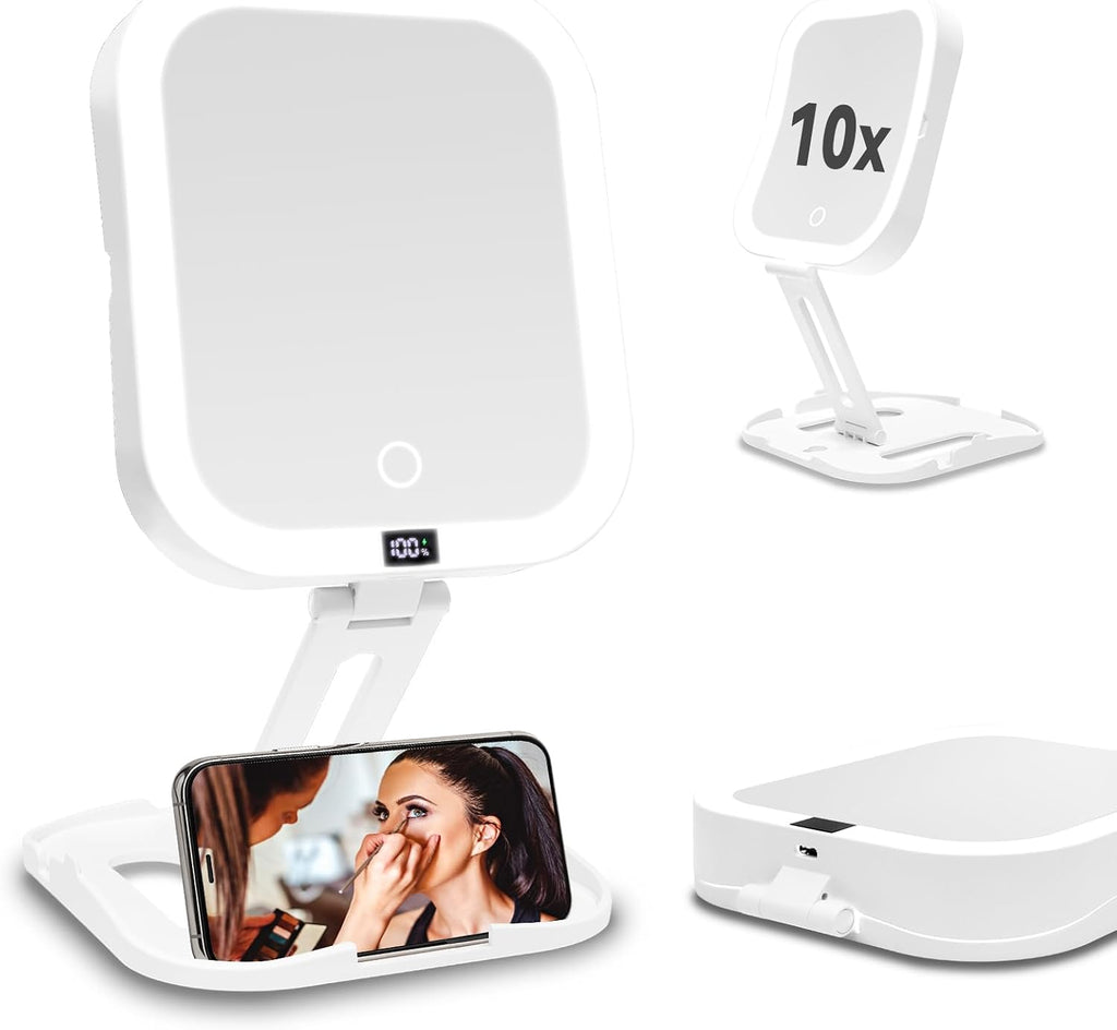 Travel Makeup Mirror with Lights 10X Magnifying Mirror with Battery Display