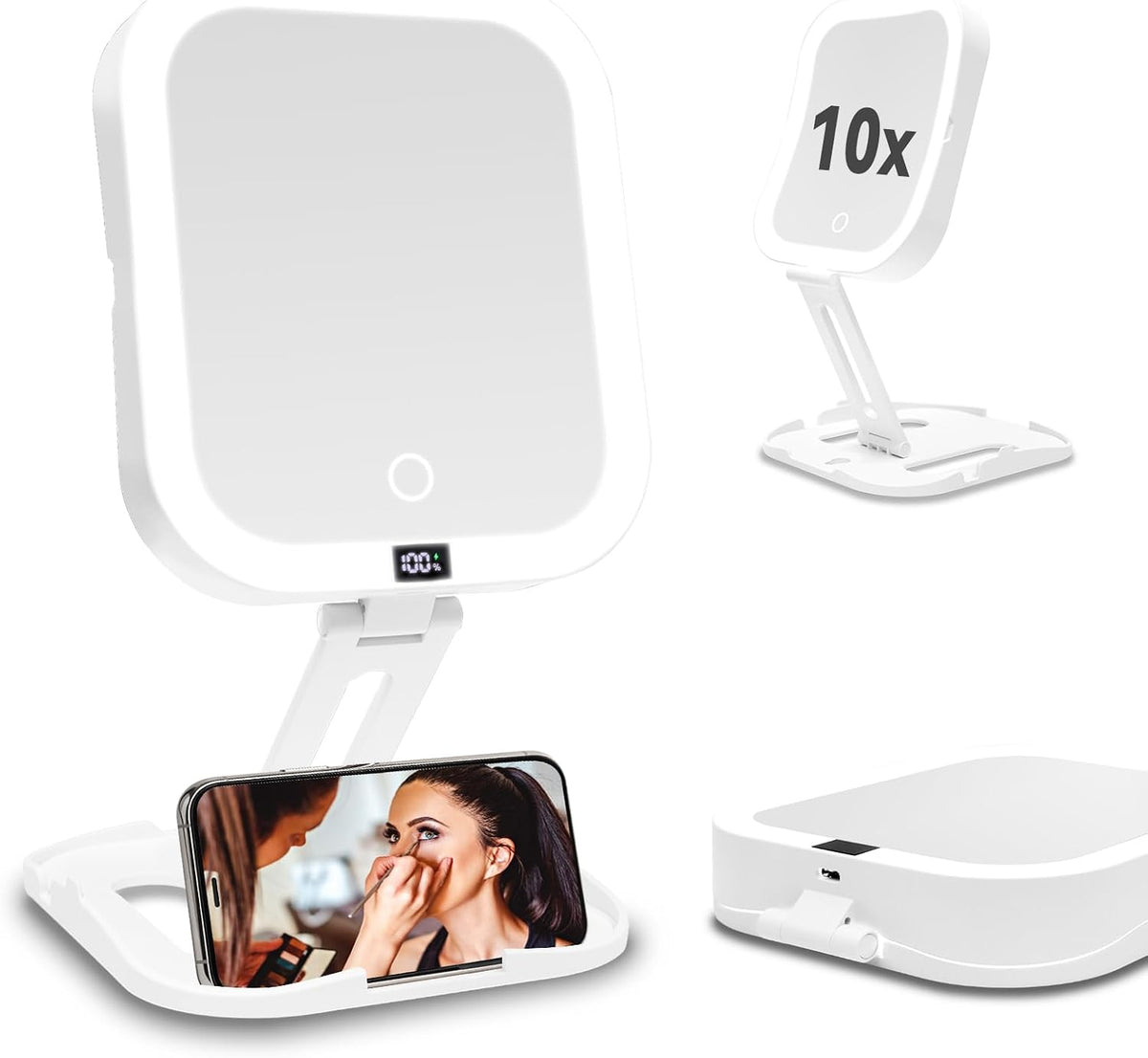 Travel Makeup Mirror with Lights 10X Magnifying Mirror with Battery Display