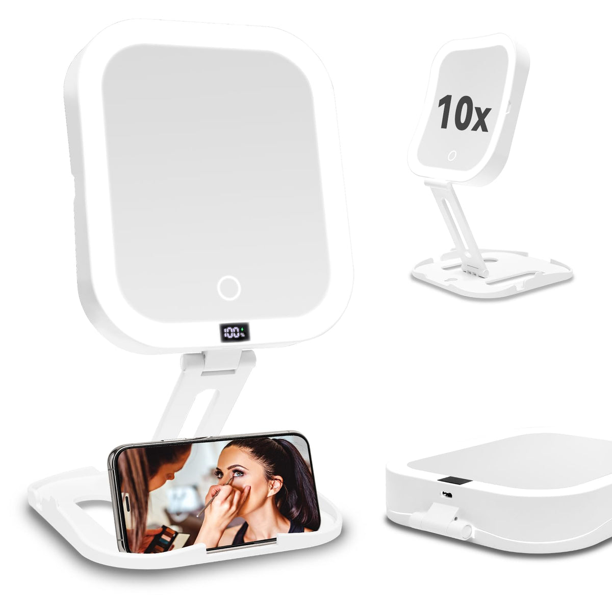 Travel Makeup Mirror with Lights 10X Magnifying Mirror with Battery Display