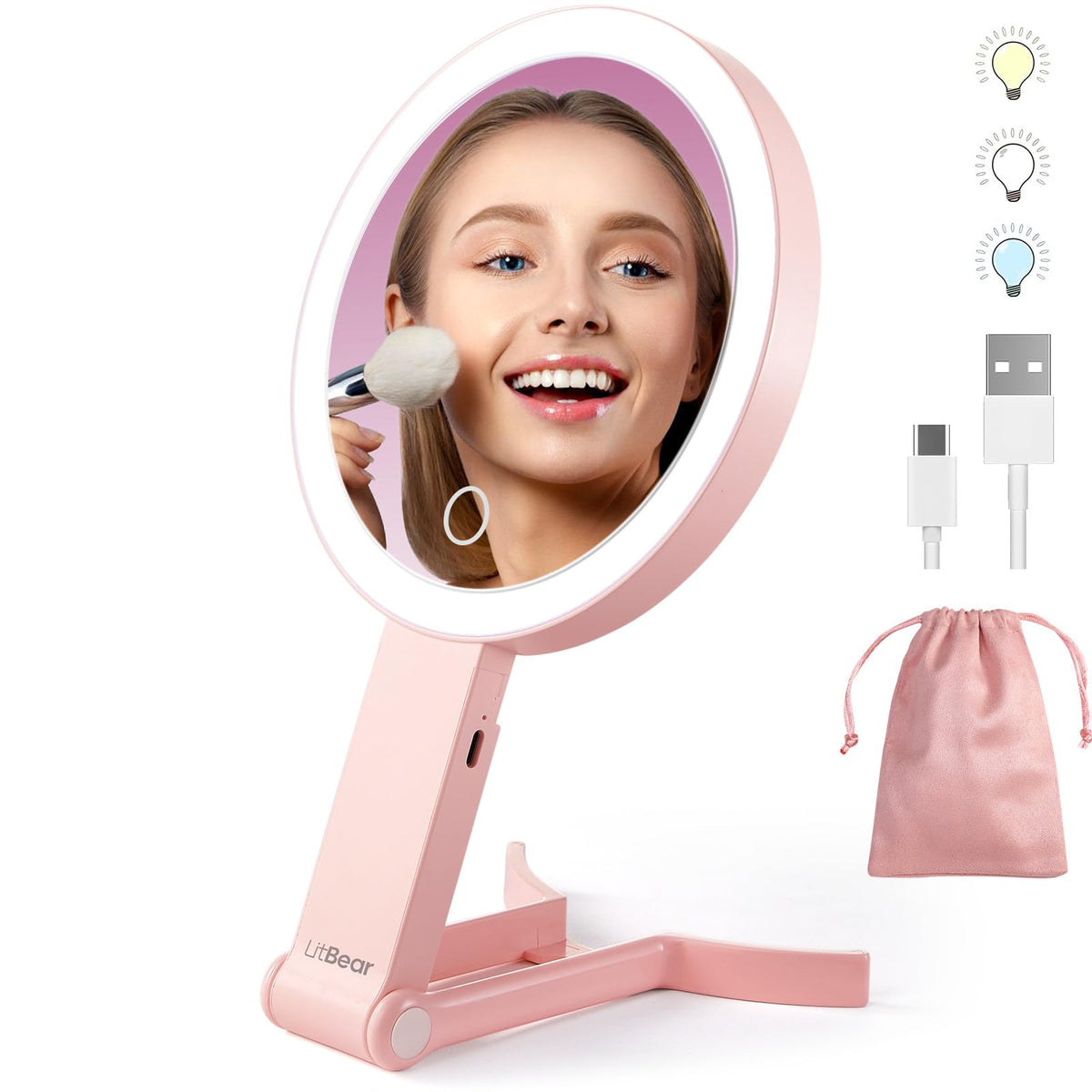 LitBear Travel Makeup Mirror with Lights, Rechargeable Double-Sided 10X/1X Magnifying Mirror, Portable Lighted Beauty Mirror, 3 Color Lighting, Dimmable Touch Screen, Tabletop Handhold Hanging (White)