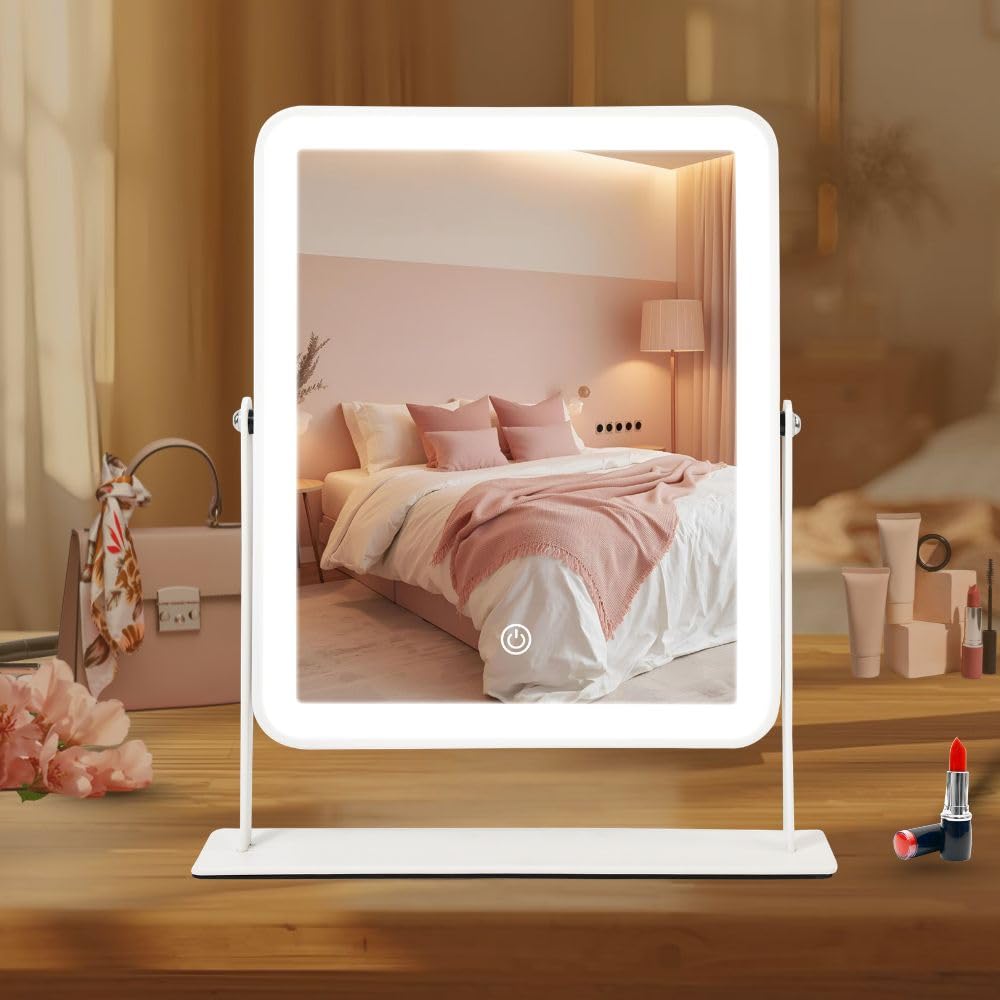Vanity Mirror with Lights 6x8 Inch, Rechargeable Makeup Mirror for Desk, 3-Color Lighting & Touch Control Tabletop Mirror Lights, Portable Cordless Travel Mirror