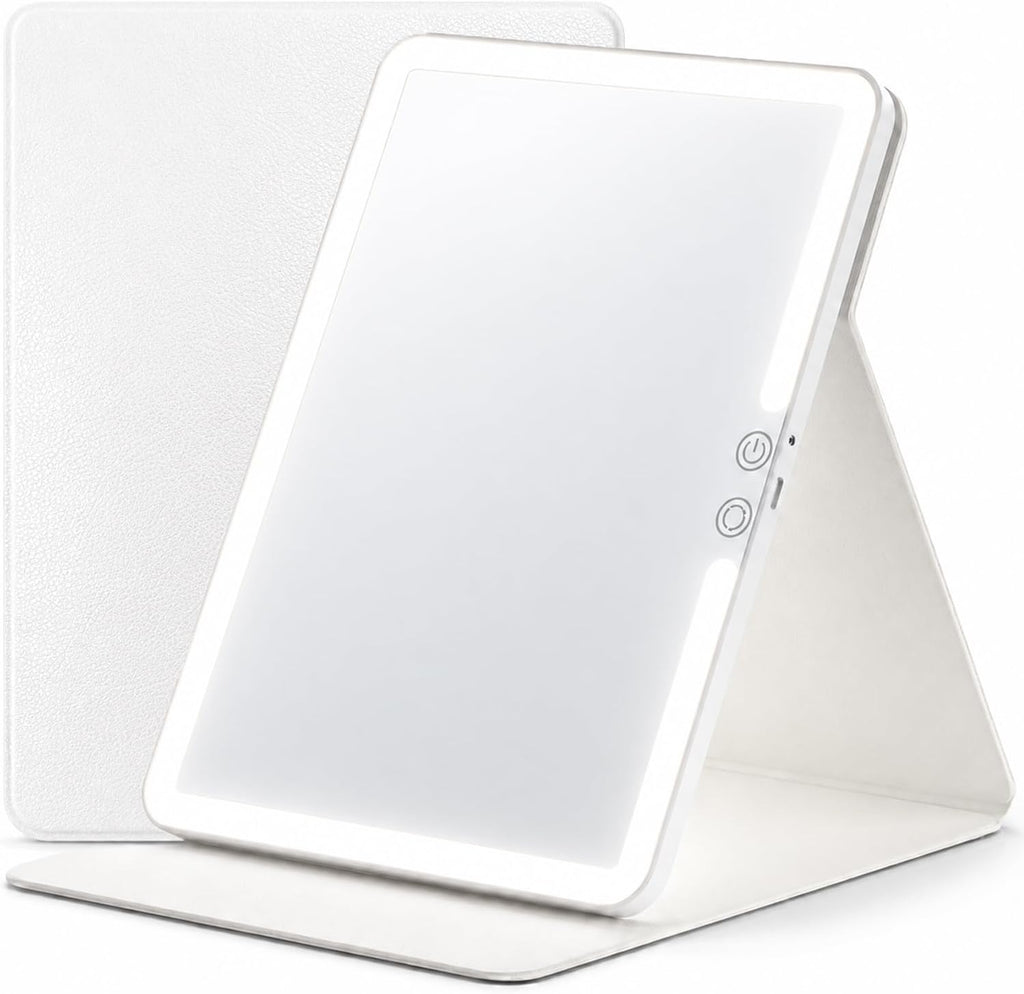 HUGOAI Travel Makeup Mirror with Lights, Soft-Grain White, 11.9"