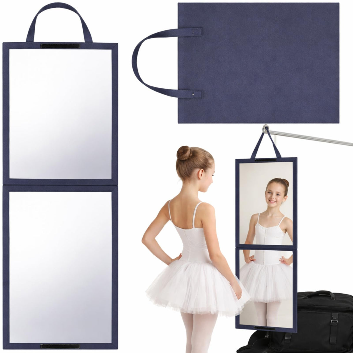 GlikCeil Foldable Portable Full Length Mirror for Dancer, Camping, Travel Black 33.5" x 13.4" Portable Hanging Folding Mirror with Handle for Dance Competition Travel Full Body Backstage Mirrors