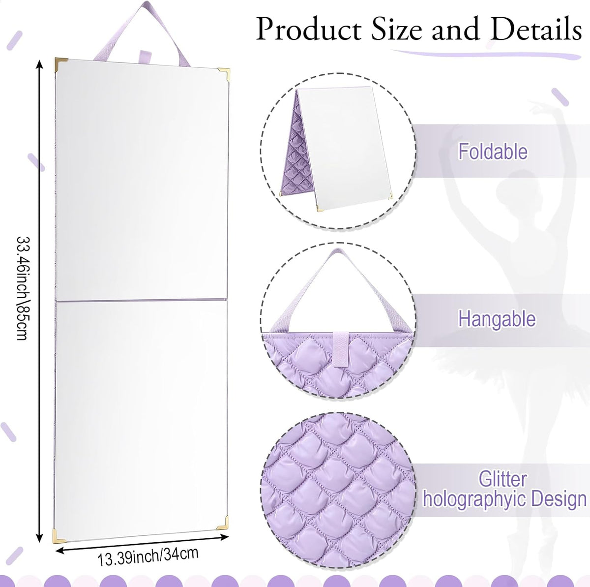 Chunful Folding Hanging Mirror 33.5x13.4 for Dance, Fashion, Purple