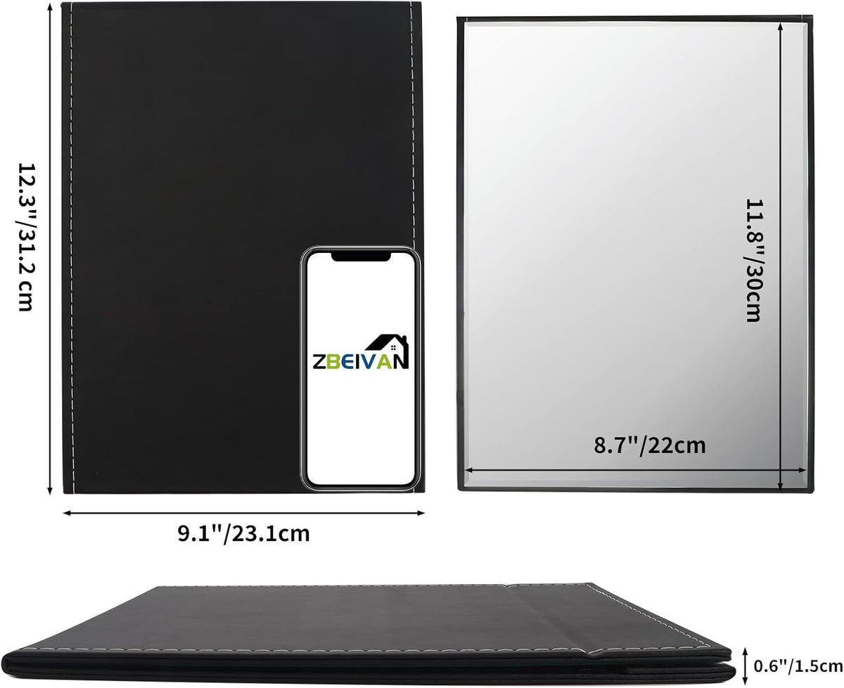 ZBEIVAN 12x9 Inches Extra Large Portable Folding Makeup Mirror, Frameless PU Leather Vanity Mirror with Stand for Desk Table Camping Travel Personal, Black