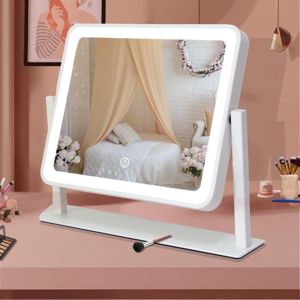Vanity Mirror with Lights 6x8 Inch, Rechargeable Makeup Mirror for Desk, 3-Color Lighting & Touch Control Tabletop Mirror Lights, Portable Cordless Travel Mirror