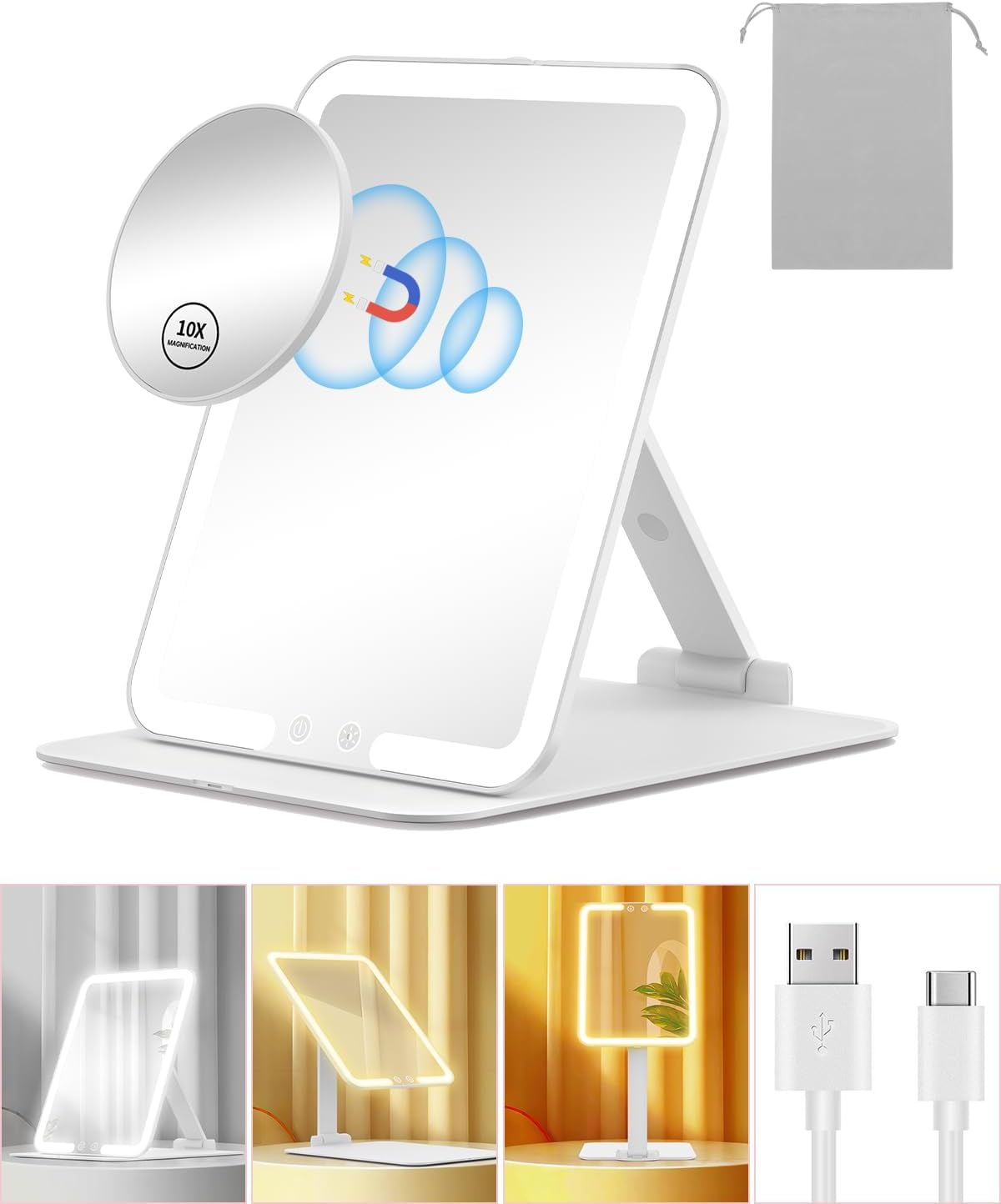 Gospire Travel Makeup Mirror with Lights and Magnification 10X, White