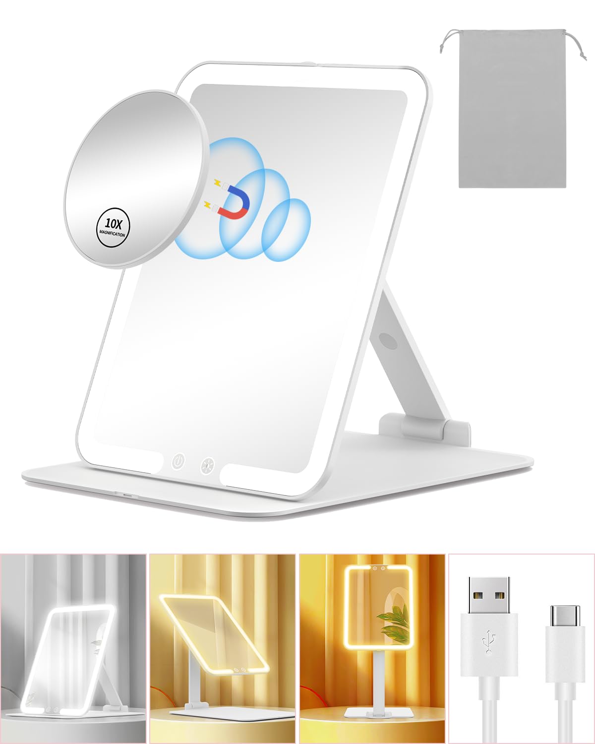 Gospire Travel Makeup Mirror with Lights and Magnification 10X, White