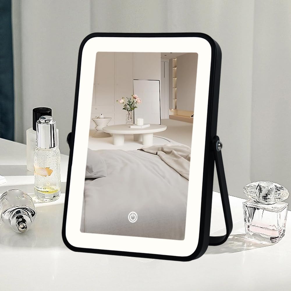 YEKKOPT Rechargeable Vanity Mirror with Lights,Desk Makeup Mirror with Lights,Portable Travel for Makeup Desk ＆ Dressing Room,3 Color Lighting, Dimmable Touch Screen