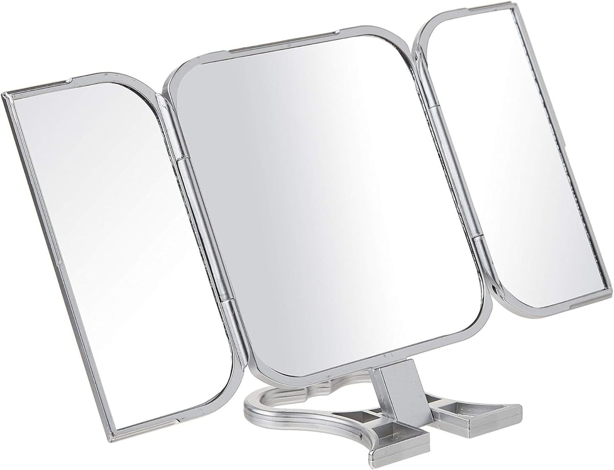Danielle Creations 3-Way Foldable Travel Makeup Mirror with Built in Stand and Handle, Silver