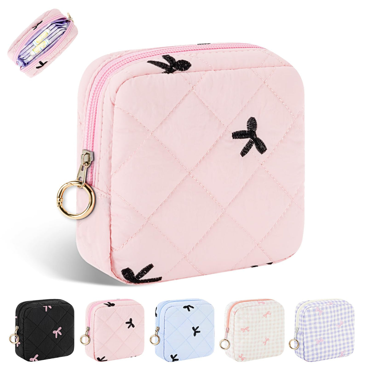 Period Bag for Teen Girls, Quilted Sanitary Napkin Storage Bag, Cute Bow Tie Menstrual Pad Pouch Tampon Holder (Plaid Pink)