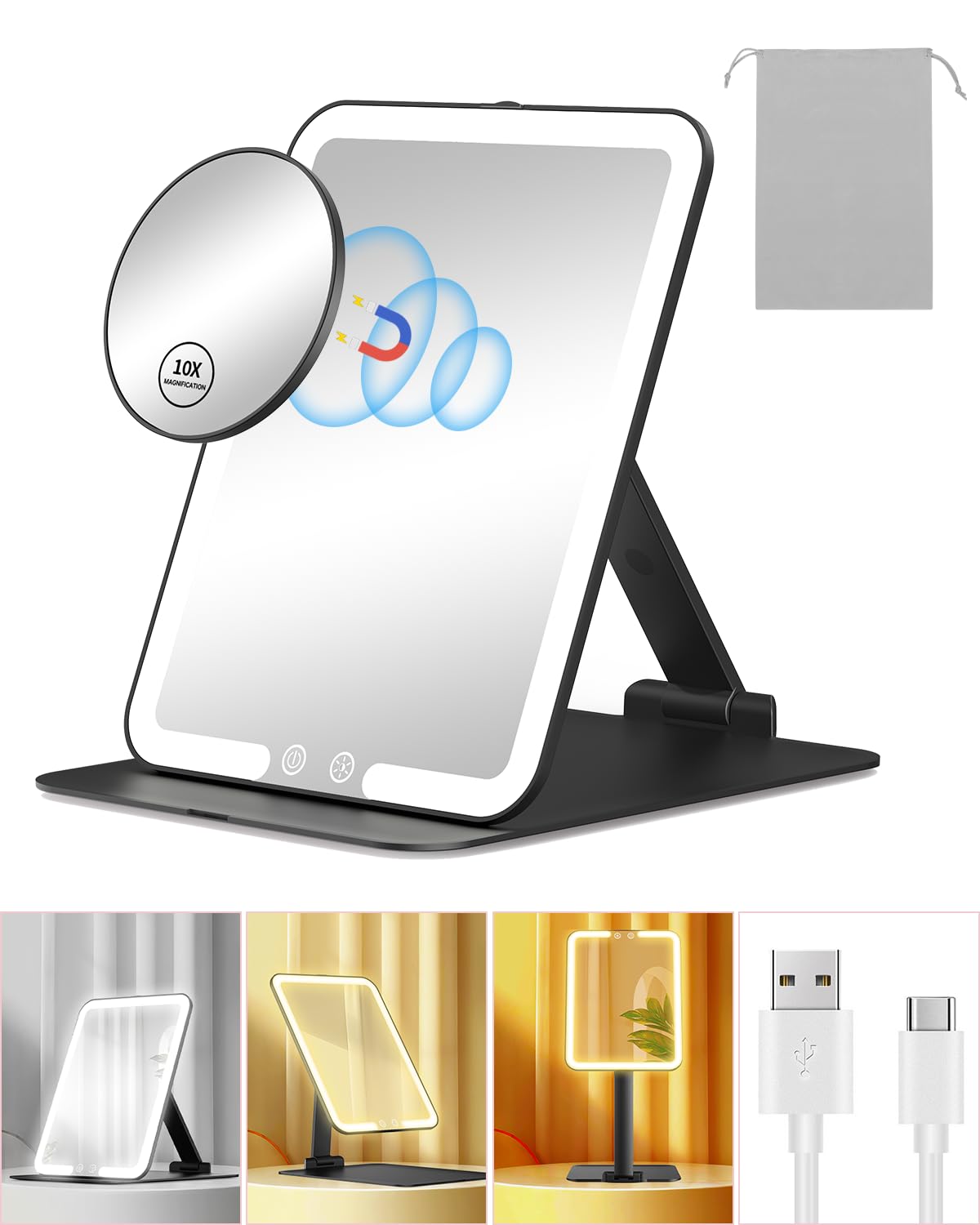 Gospire Travel Makeup Mirror with Lights and Magnification 10X, White
