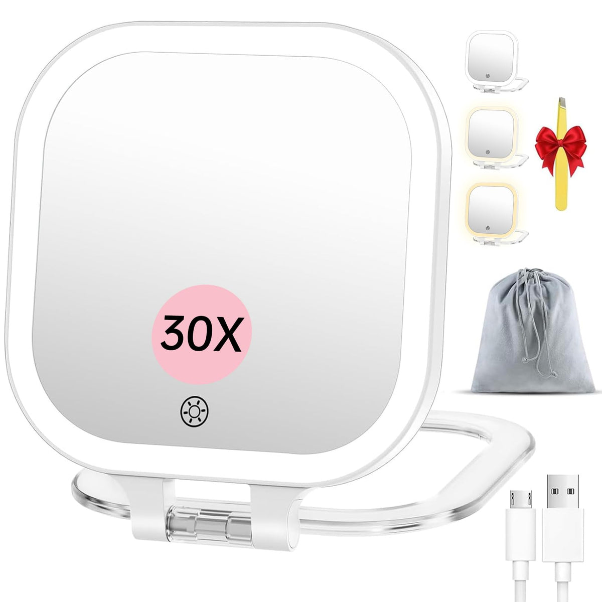 FASCINATE 7" Rechargeable Travel Makeup Mirror 30X Magnification (White)
