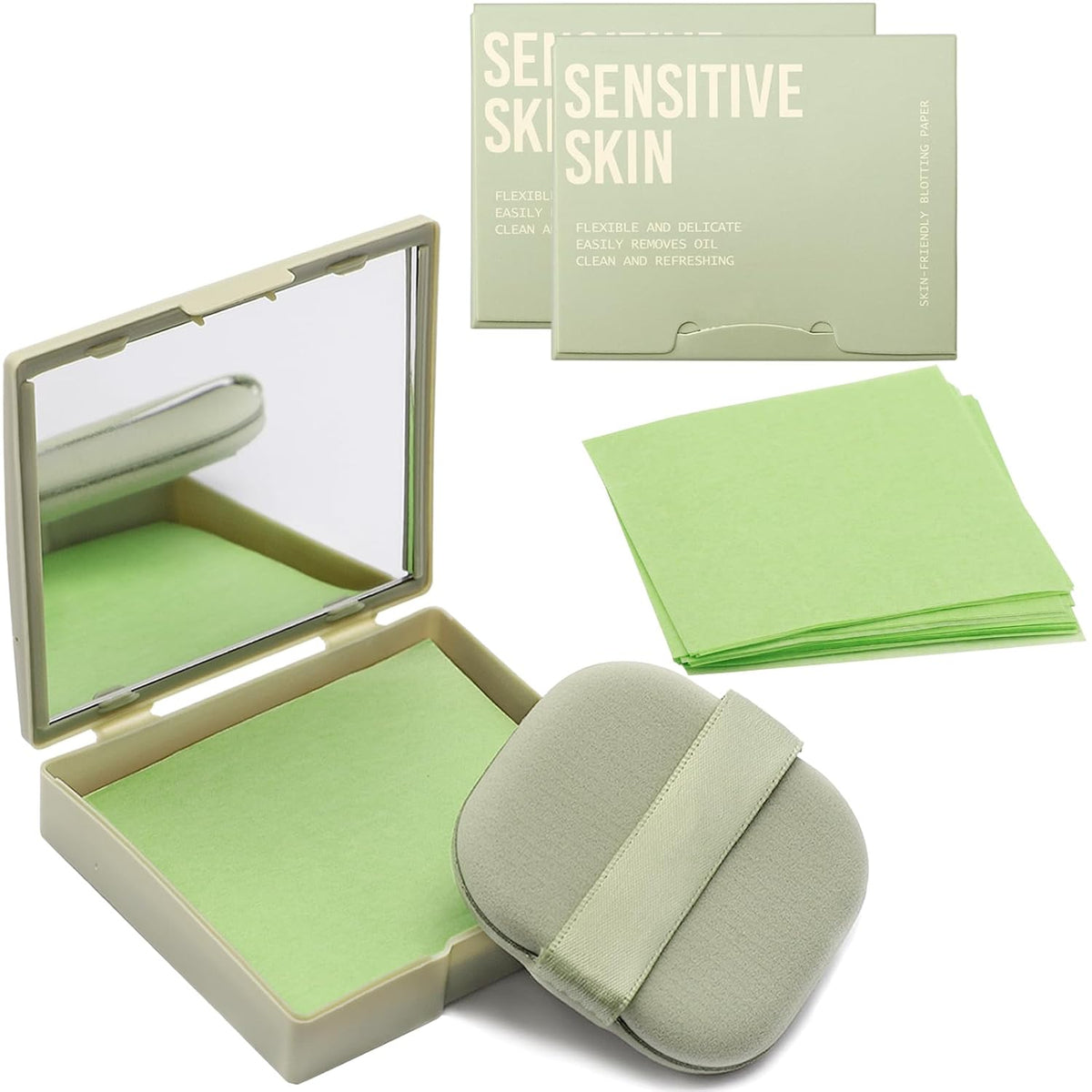 Oil Blotting Sheets for Face with Mirror & Puff, 300 Sheets Oil Absorbing Sheets for Oily Skin, Natural Fiber Blotting Paper, Makeup Friendly Face Oil Control Sheets