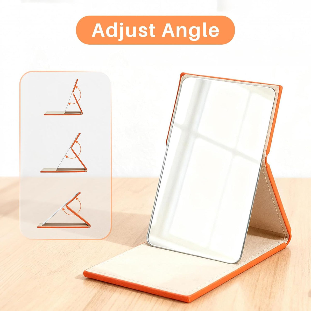 Compact Folding Mirror, 3.9" Stainless Steel Travel Mirror with PU Leather Case Cover for Makeup, Small Handheld Mirror for Pocket Purse, Mini Foldable Mirrors with Stand(Orange)