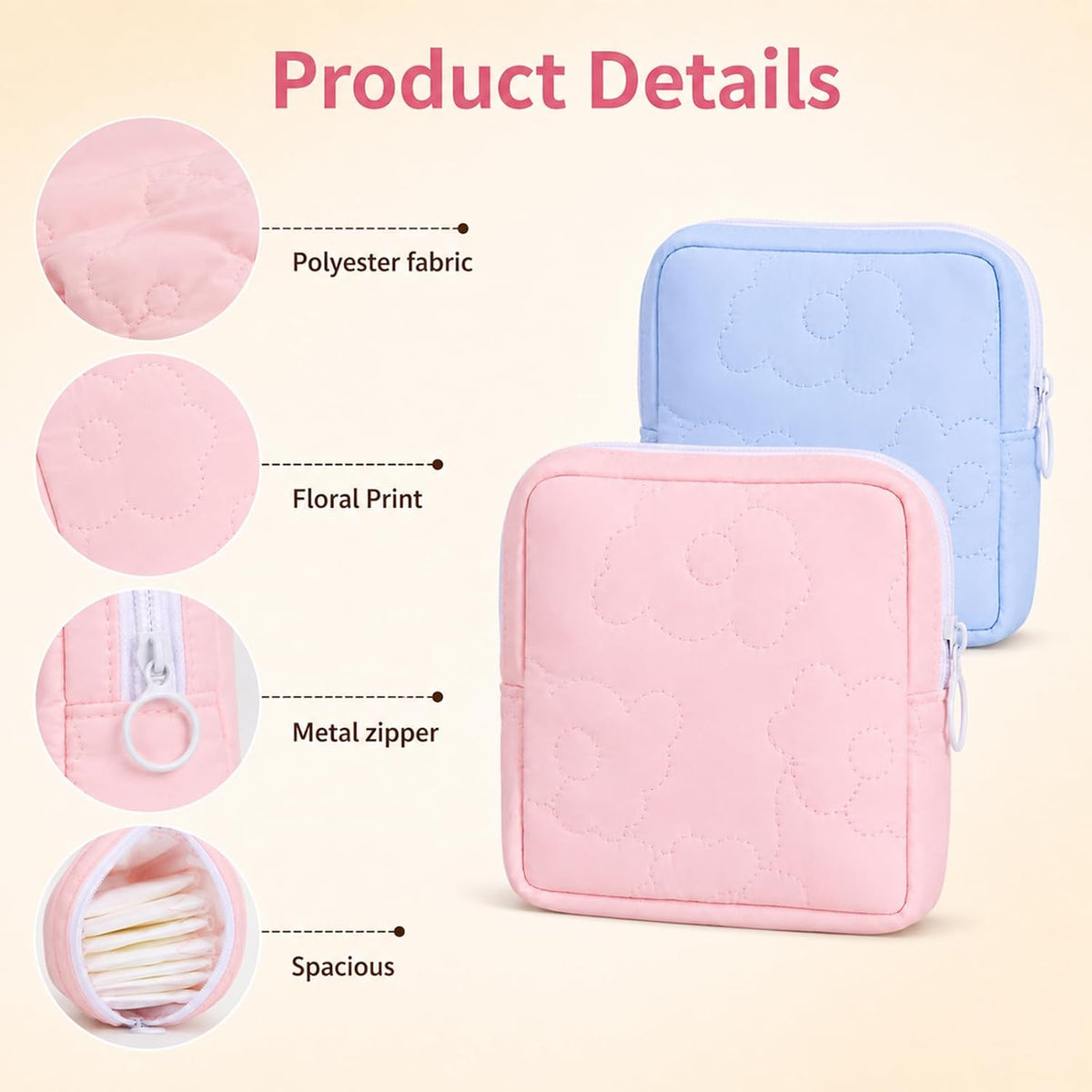 2 PCS Period Bags for Teen Girls, Pink Blue Floral Printed Napkin Storage Period Pouches for Teen Girls, Portable Cute Printed Menstrual Pad Pouch Tampon Holder for Purse, First Period Kit for Girls