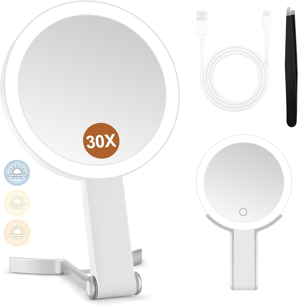 MIYADIVA Travel Makeup Mirror with Lights, Height Adjustable 30X/1X Double-Sided Magnifying Mirror, Portable Vanity Mirror with Tweezers, Handheld Tabletop Hanging, White