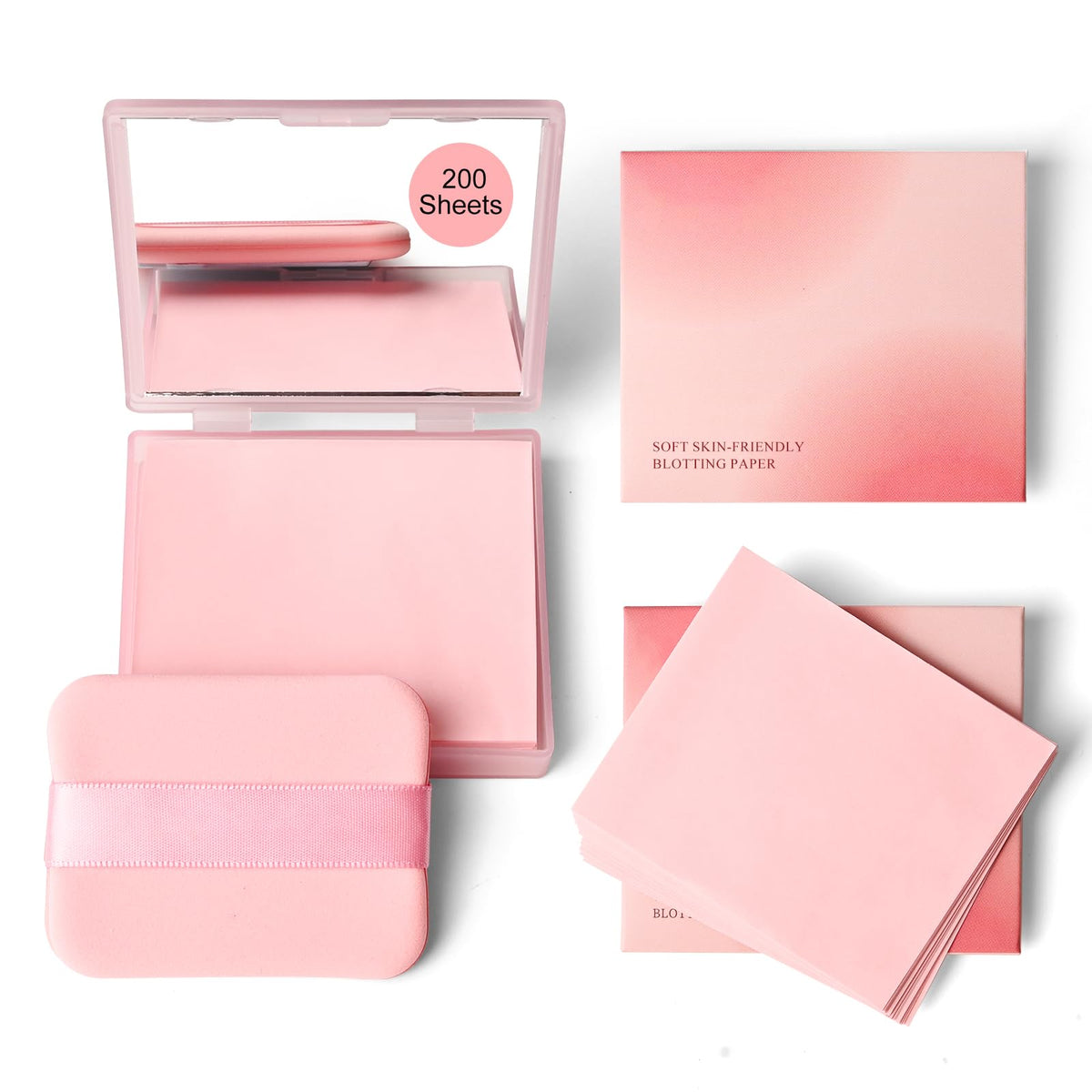 KYDA 200 Sheets Face Oil Blotting Paper, Included Refills, Mirror and Puff, Oil Absorbing Sheets for Matte Makeup, Controls Shine, Absorb Excess Oil, Travel Size Gentle Face Makeup