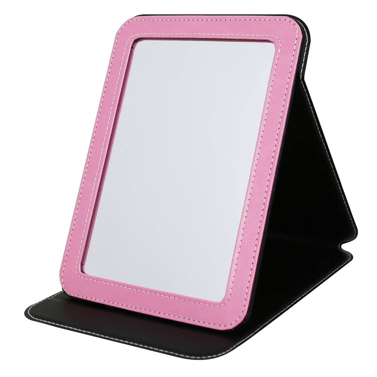 Travel Mirror for Desk, 6.5×8.9” Adjustable Rectangle PU Edge Covering Black Foldable Desk Mirror with Stand for Travel Camping Home (Black)