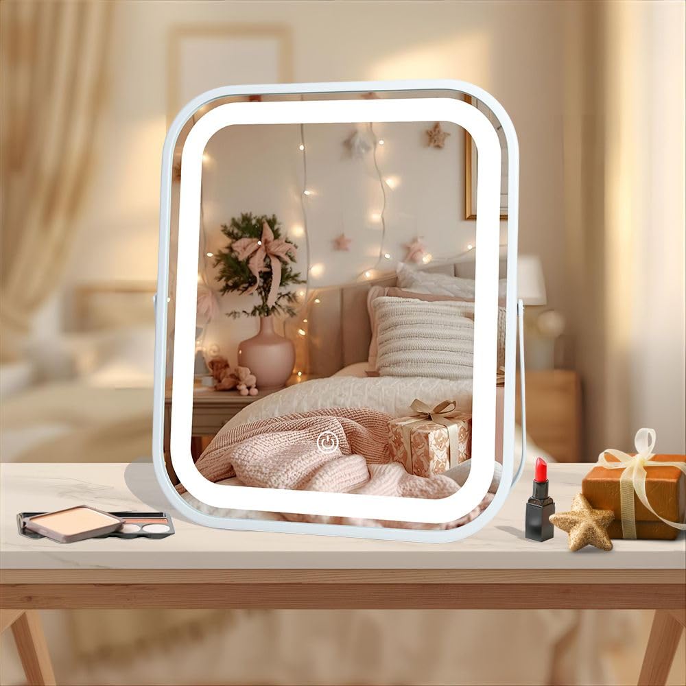 Vanity Mirror with Lights 6x8 Inch, Rechargeable Makeup Mirror for Desk, 3-Color Lighting & Touch Control Tabletop Mirror Lights, Portable Cordless Travel Mirror