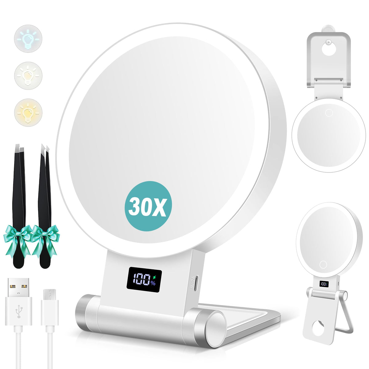 B Beauty Planet Magnifying Mirror with Light 30X, Double-Sided 1X/ 30X Magnifying Makeup Mirror with Tweezer, 2000mAh 3 Colour Modes with Adjustable Brightness,Foldable Travel Mirror(9" L x 7" W)