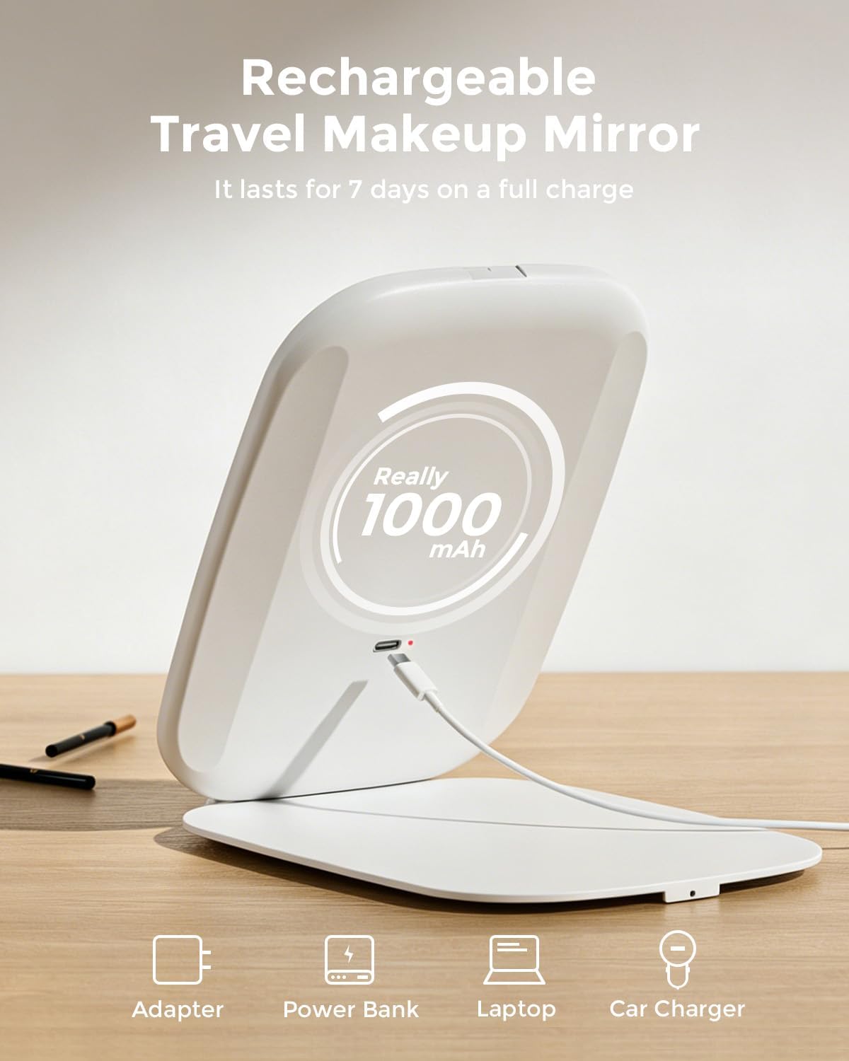 NEZZOE Rechargeable Travel Makeup Mirror with LED Light, 7x5 Inch