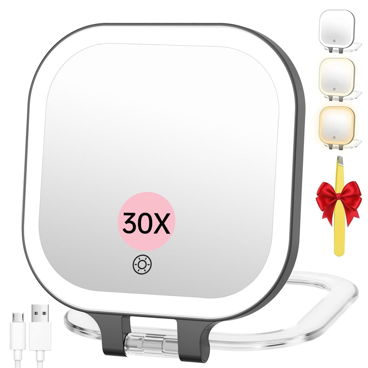 FASCINATE 7" Rechargeable Travel Makeup Mirror 30X Magnification (White)