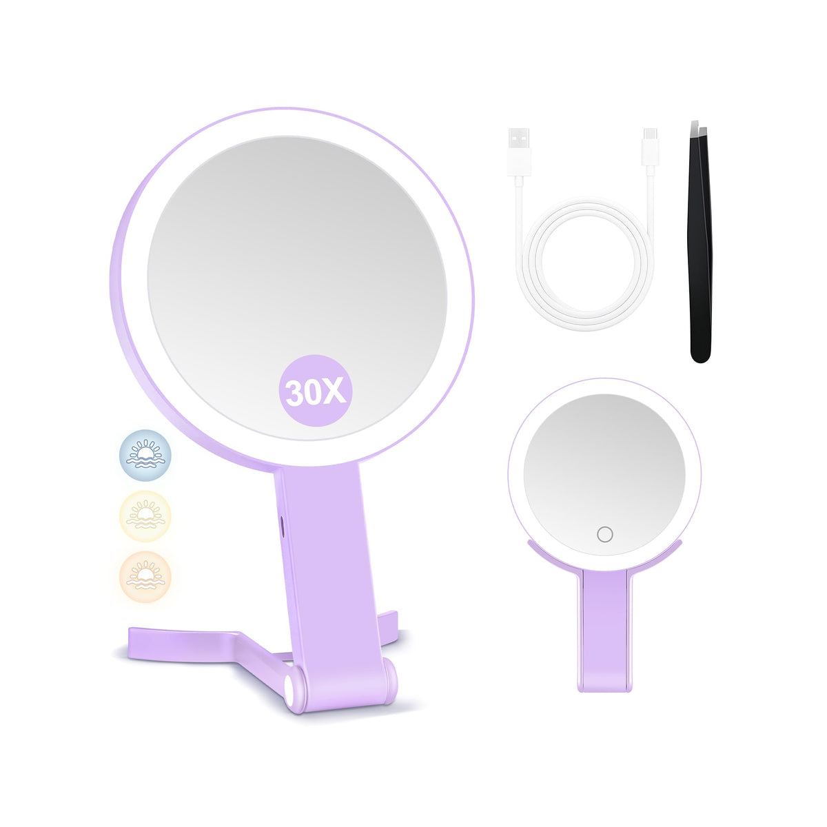 MIYADIVA Travel Makeup Mirror with Lights, Height Adjustable 30X/1X Double-Sided Magnifying Mirror, Portable Vanity Mirror with Tweezers, Handheld Tabletop Hanging, White