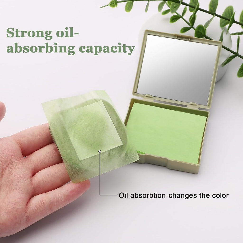 Oil Blotting Sheets for Face with Mirror & Puff, 300 Sheets Oil Absorbing Sheets for Oily Skin, Natural Fiber Blotting Paper, Makeup Friendly Face Oil Control Sheets