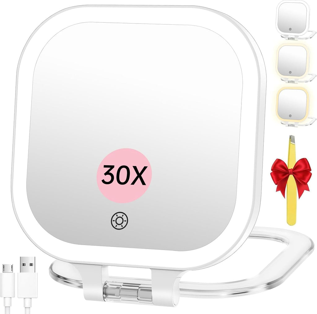 FASCINATE 7" Rechargeable Travel Makeup Mirror 30X Magnification (White)