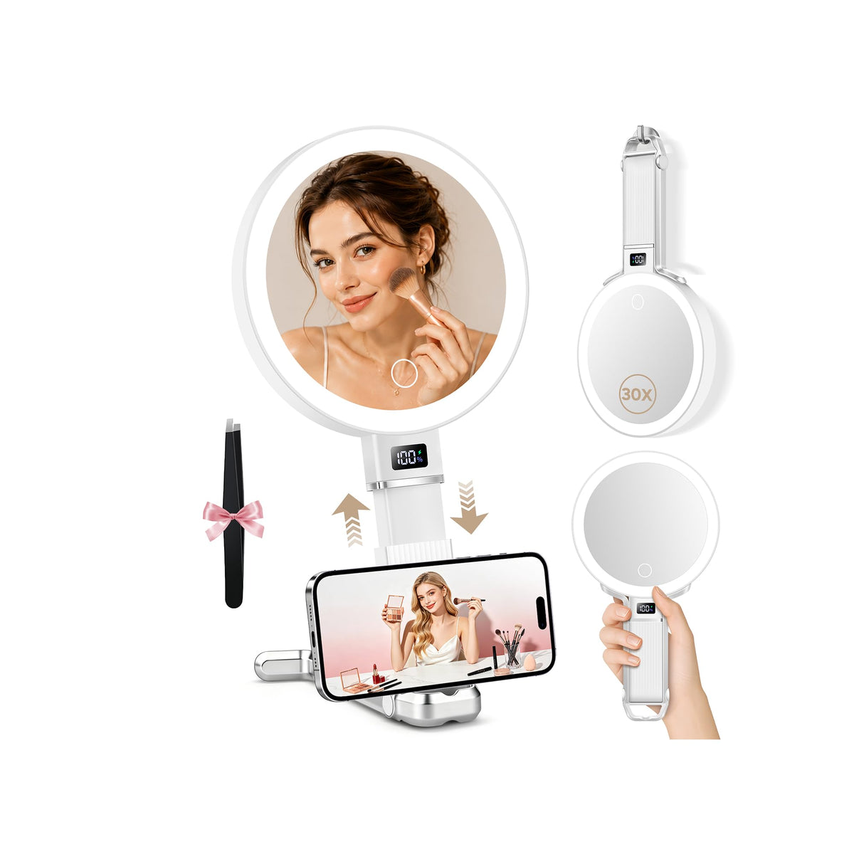 MIYADIVA Travel Makeup Mirror with Lights, Height Adjustable 30X/1X Double-Sided Magnifying Mirror, Portable Vanity Mirror with Tweezers, Handheld Tabletop Hanging, White