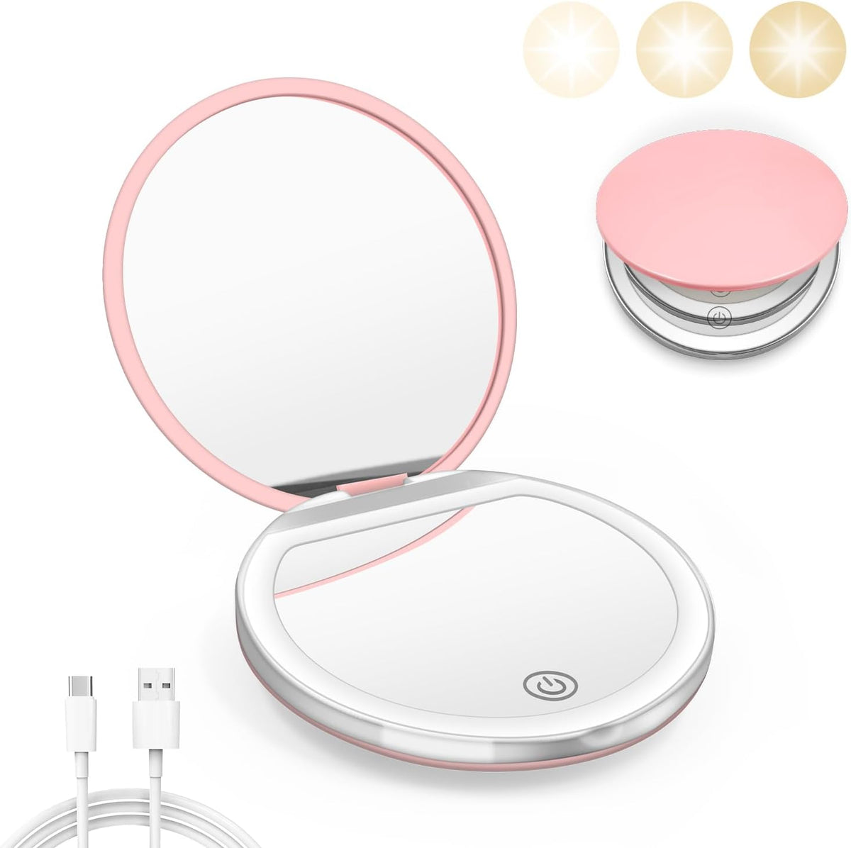 Pink Compact Mirror with Light, 1X/3X Magnification LED Pocket Mirror