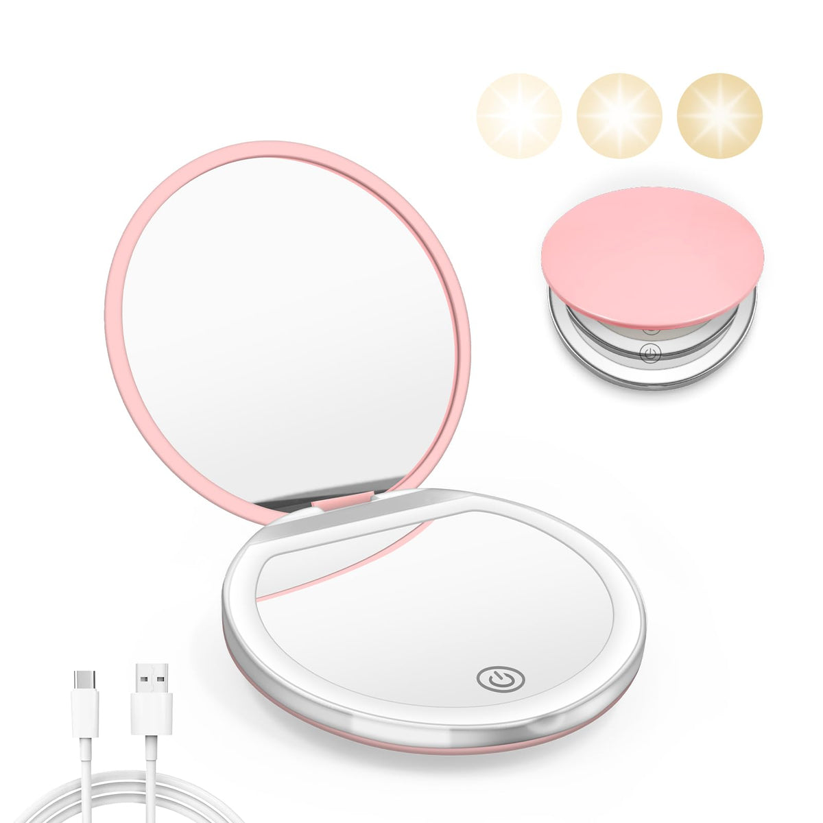 Pink Compact Mirror with Light, 1X/3X Magnification LED Pocket Mirror