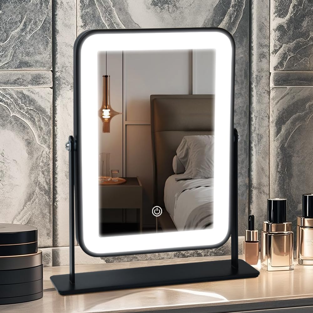 YEKKOPT Rechargeable Vanity Mirror with Lights,Desk Makeup Mirror with Lights,Portable Travel for Makeup Desk ＆ Dressing Room,3 Color Lighting, Dimmable Touch Screen