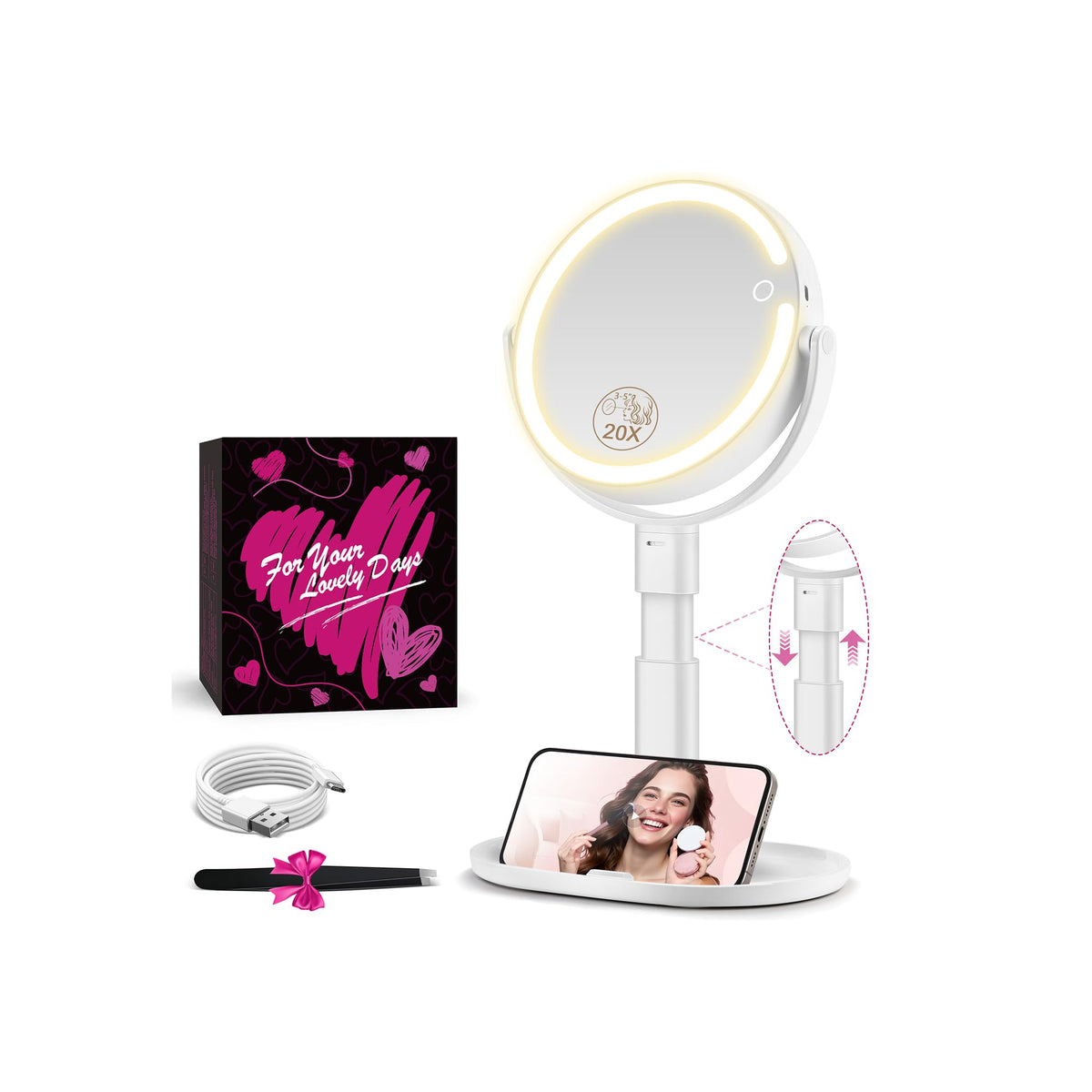 MOMOKUBA Makeup Mirror with Lights, 20X Magnifying Mirrors, Height Adjustable, Vanity Mirror with Lights Rechargeable 3 Color Modes, Double-Sided Detachable Travel Mirrors, Gift for Women, White