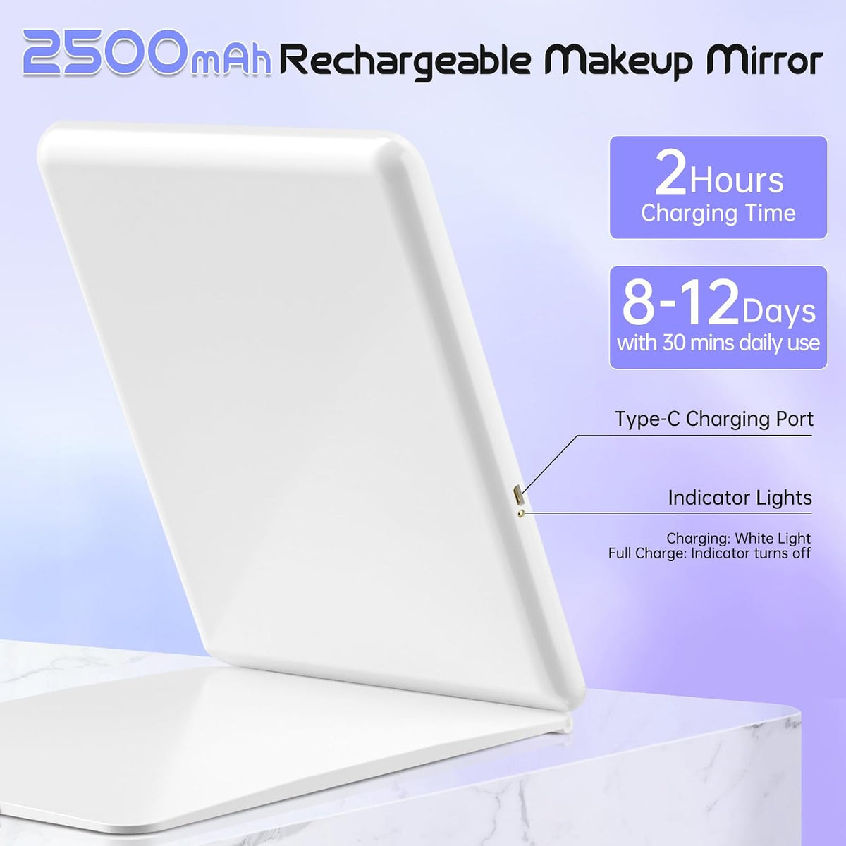 FUNTOUCH 2500mAh Rechargeable Large Travel Makeup Mirror with Lights