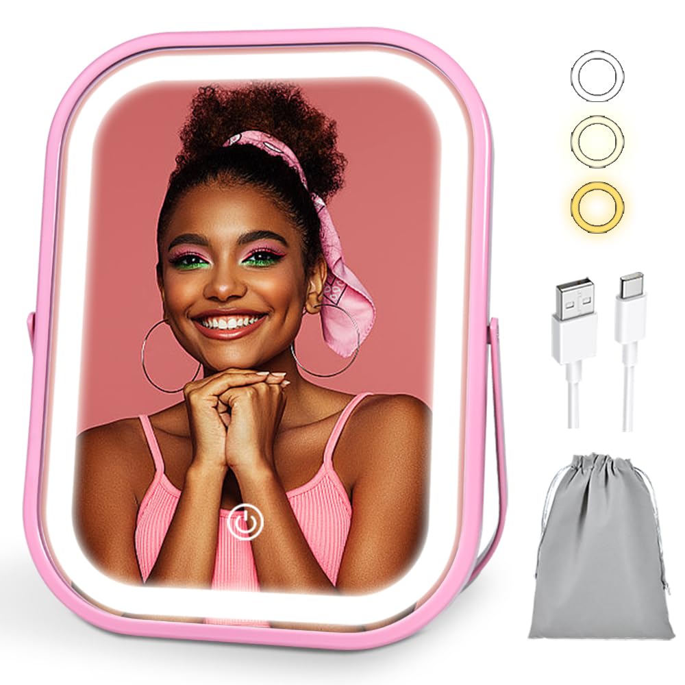 YEKKOPT Rechargeable Vanity Mirror with Lights,Desk Makeup Mirror with Lights,Portable Travel for Makeup Desk ＆ Dressing Room,3 Color Lighting, Dimmable Touch Screen