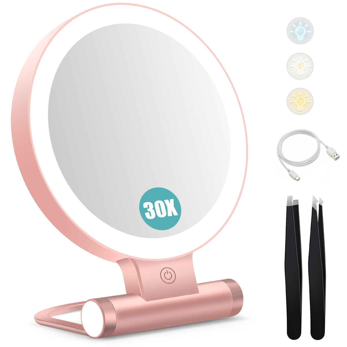 B Beauty Planet Magnifying Mirror with Light 30X, Double-Sided 1X/ 30X Magnifying Makeup Mirror with Tweezer, 2000mAh 3 Colour Modes with Adjustable Brightness,Foldable Travel Mirror(9" L x 7" W)