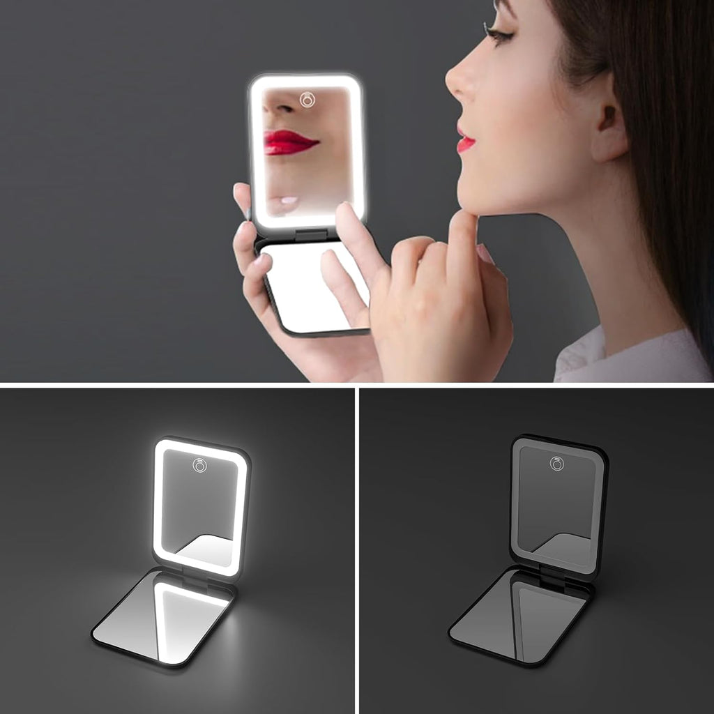 Kintion 1X/3X Pocket Mirror, 3 Color Lighting LED Compact Mirror (Black)